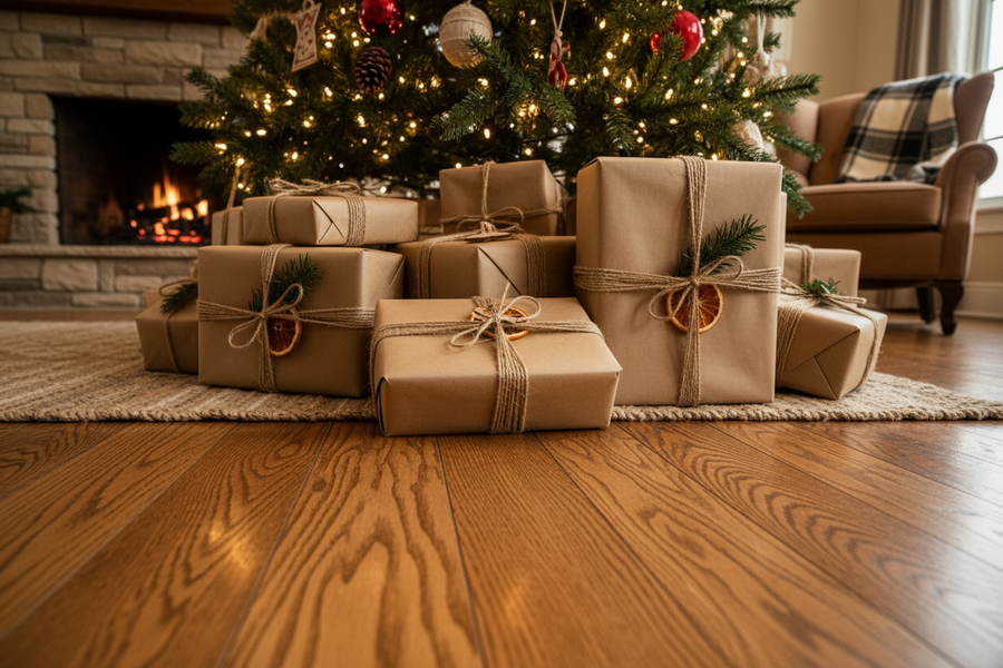 Julklappar inslagna i kraftpapper och jutesnören under en gran stående på ett härligt trägolv.