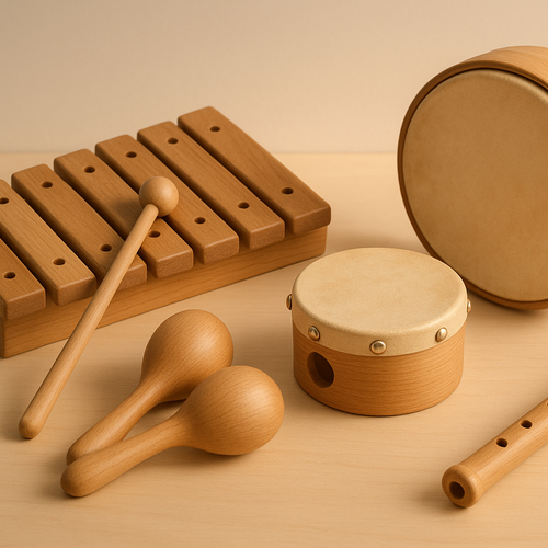 Bilden föreställer musikinstrument i trä för barn.